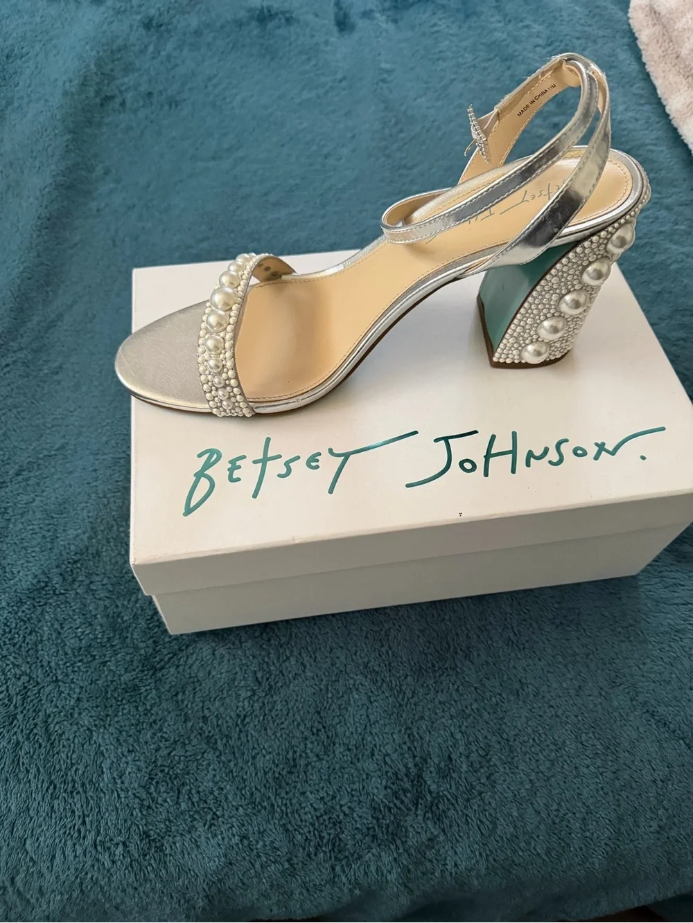 Betsey Johnson Silver Pearl-Embellished Block Heel Sandals
